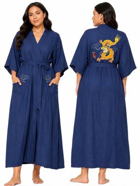 90s Euro Chinese Vintage Dragon Embroidered Kimono Maxi Robe (Blue) M